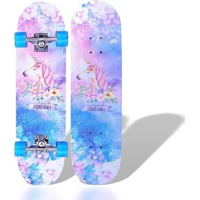 Skateboards for Beginners Kids Boys Girls Teens and Adults, 31 Inch Complete Standard Skateboards with 7-Layer Maple Double Kick Deck Unicorn and Skull Design