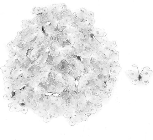 Pssopp 100 قطعة شبكة بيضاء فراشة سلك شبكة بريق الحرفية فراشة الزفاف تخزين الملابس اكسسوارات الديكور مع جوهرة بيضاء لديكور الزفاف in Kuwait