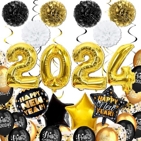 New Years Eve Party Supplies 2024, Gold Black Happy New Year Foil Balloon with Rose Gold Black Balloon for Happy New Year Decorations 2024 Gold New Years Party Decorations in Kuwait