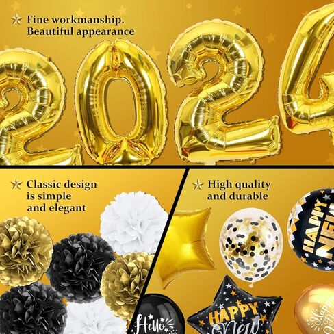 New Years Eve Party Supplies 2024, Gold Black Happy New Year Foil Balloon with Rose Gold Black Balloon for Happy New Year Decorations 2024 Gold New Years Party Decorations in Kuwait