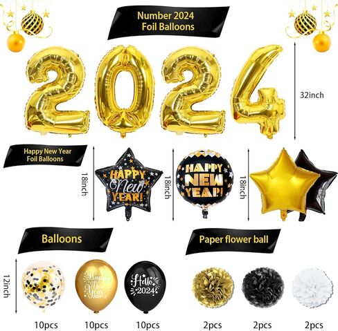 New Years Eve Party Supplies 2024, Gold Black Happy New Year Foil Balloon with Rose Gold Black Balloon for Happy New Year Decorations 2024 Gold New Years Party Decorations in Kuwait