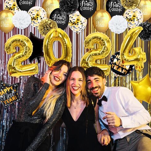 New Years Eve Party Supplies 2024, Gold Black Happy New Year Foil Balloon with Rose Gold Black Balloon for Happy New Year Decorations 2024 Gold New Years Party Decorations in Kuwait