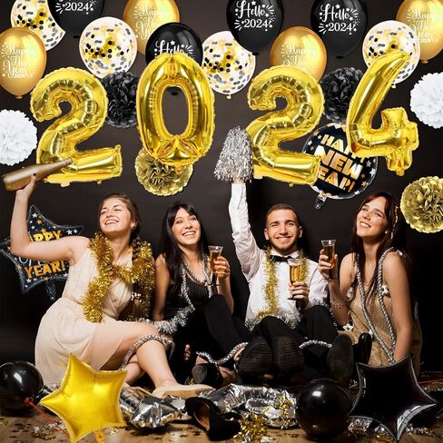 New Years Eve Party Supplies 2024, Gold Black Happy New Year Foil Balloon with Rose Gold Black Balloon for Happy New Year Decorations 2024 Gold New Years Party Decorations in Kuwait