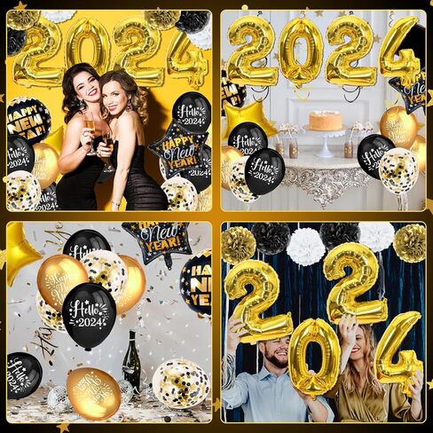 New Years Eve Party Supplies 2024, Gold Black Happy New Year Foil Balloon with Rose Gold Black Balloon for Happy New Year Decorations 2024 Gold New Years Party Decorations in Kuwait