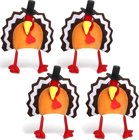 4 Pieces Turkey Hats Plush Thanksgiving Hat Turkey Cap Thanksgiving Party Hat with Head Legs and Tail Fancy Dress Accessory for Kids Men Women Thanksgiving Party Costume Cosplay Role Play Accessories in Saudi Arabia