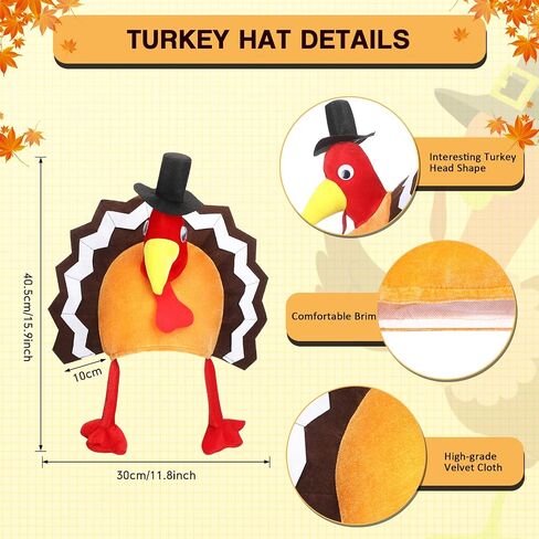 4 Pieces Turkey Hats Plush Thanksgiving Hat Turkey Cap Thanksgiving Party Hat with Head Legs and Tail Fancy Dress Accessory for Kids Men Women Thanksgiving Party Costume Cosplay Role Play Accessories in Saudi Arabia