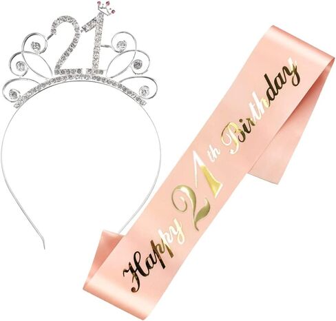 مجموعة تزيين عيد الميلاد 21 من Maigendoo باللون الذهبي الوردي لعيد الميلاد من الساتان وشاح تاج من حجر الراين مجموعة تاج هدايا عيد الميلاد لوشاح عيد الميلاد الحادي والعشرين السعيد ومستلزمات حفلات التاج للنساء والفتيات in Kuwait