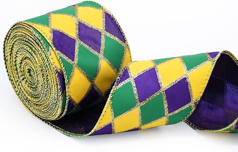 2.5"X 10 Yards Mardi Gras Ribbon Wired Edge - Purple Green Gold Metallic Glitter Wired Ribbon for Mardi Gras Carnival Masquerade Party Decoration DIY Crafts Wrapping Wreaths Bow (A) in Saudi Arabia