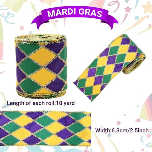 2.5"X 10 Yards Mardi Gras Ribbon Wired Edge - Purple Green Gold Metallic Glitter Wired Ribbon for Mardi Gras Carnival Masquerade Party Decoration DIY Crafts Wrapping Wreaths Bow (A) in Saudi Arabia