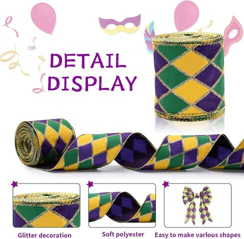 2.5"X 10 Yards Mardi Gras Ribbon Wired Edge - Purple Green Gold Metallic Glitter Wired Ribbon for Mardi Gras Carnival Masquerade Party Decoration DIY Crafts Wrapping Wreaths Bow (A) in Saudi Arabia