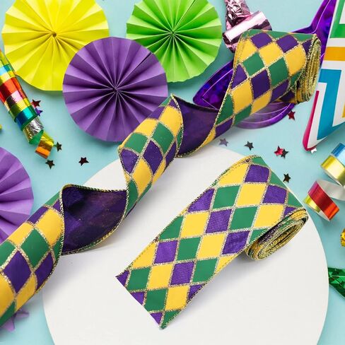 2.5"X 10 Yards Mardi Gras Ribbon Wired Edge - Purple Green Gold Metallic Glitter Wired Ribbon for Mardi Gras Carnival Masquerade Party Decoration DIY Crafts Wrapping Wreaths Bow (A) in Saudi Arabia