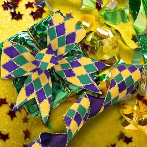 2.5"X 10 Yards Mardi Gras Ribbon Wired Edge - Purple Green Gold Metallic Glitter Wired Ribbon for Mardi Gras Carnival Masquerade Party Decoration DIY Crafts Wrapping Wreaths Bow (A) in Saudi Arabia