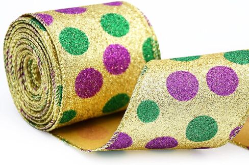 2.5"X 10 Yards Mardi Gras Ribbon Wired Edge - Purple Green Gold Metallic Glitter Wired Ribbon for Mardi Gras Carnival Masquerade Party Decoration DIY Crafts Wrapping Wreaths Bow (A) in Saudi Arabia