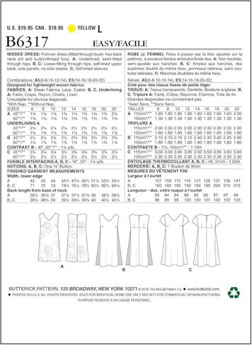 فساتين B6317 Misses' بلوفر برقبة على شكل حرف V من Butterick Patterns ، مقاس A5 (6-8-10-12-14) in Saudi Arabia