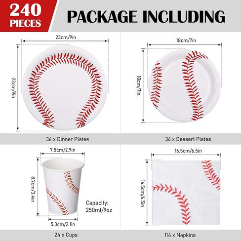 240 Pcs Baseball Party Supplies Set Include 72 Pcs Round Baseball Paper Plates, 144 Pcs Baseball Napkins and 24 Pcs Baseball Cup Baseball Decorations for Party Game Sports Events Birthday Favor in Kuwait