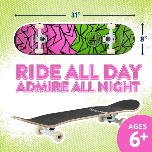 لوح تزلج Flybar الكامل للمبتدئين - لوح تزلج للأطفال مقاس 31 بوصة، سطح لوح تزلج مزدوج مقعر من خشب القيقب، خفيف الوزن، غير قابل للانزلاق، للأولاد والبنات، للأعمار من 6 سنوات فما فوق in Kuwait