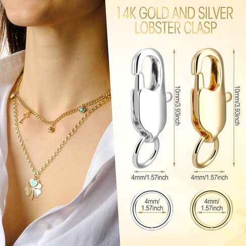 YASUOA قطعتان من مشابك مخلب سرطان البحر الفضية وقطعتين من مشبك قلادة من الذهب عيار 14 قيراط مع حلقات قفز مغلقة من الذهب والفضة لصنع الأساور والقلائد أو صناعة المجوهرات، صنع في إيطاليا (4 قطع 10 مم) in Saudi Arabia