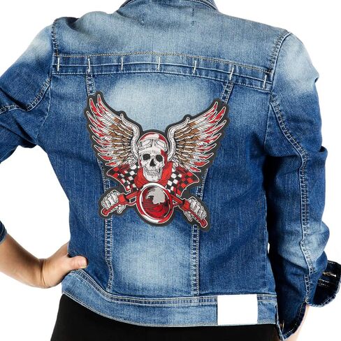 GodEagle 27.94 سم Wx25.4 سم H Skull Punk Rocker Rider رقع اسم جاكت مزين بالكي / مخيط على رقع مطرزة على الظهر أسود حديد على القماش in Kuwait