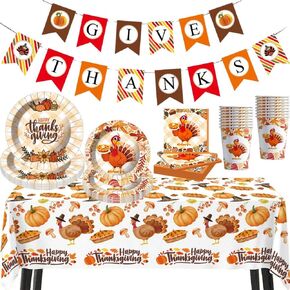 Thanksgiving Fall Party Supplies Tableware Set,Thanksgiving Disposable Dinnerware Include Plate,Cup,Napkin,Tablecloth,Banner,Thanksgiving Dinner Party Decorations Supplies(20 Guests) in Kuwait