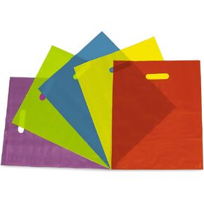 أكياس البضائع - 100 عبوة 100 كيس من البلاستيك مقاس 12 × 15 بوصة بحجم 1.25 مل للأعمال الصغيرة، وحقائب تسوق للبيع بالتجزئة متعددة الألوان مع مقابض بكميات كبيرة للبوتيكات والمتاجر وحفلات أعياد ميلاد الأطفال والهدايا والأشياء الجيدة، شكرًا لك in Kuwait