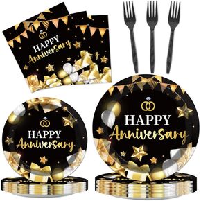 96 Pcs 50th Wedding Anniversary Party Paper Plate and Napkins Gold and Black Disposable Tableware Decor Anniversary Party Paper Plates Napkins Supplies for Party Favors 24 Guests