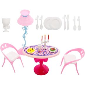 مجموعة نموذج كرسي طاولة طعام مصغر بلون بينك مقاس 1:6، كرسي طاولة طعام بلاستيكي صغير مع ادوات مائدة مصغرة لاكسسوارات اثاث المنزل الصغير in Kuwait