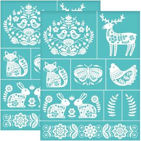 OLYCRAFT 2Pcs 8.6x11 Inch Folk Art Decorate Self-Adhesive Silk Screen Printing Stencil Fox Rabbit Silk Screen Stencil Bird Elk Butterfly Mesh Stencils Transfer for DIY T-Shirt Fabric Painting