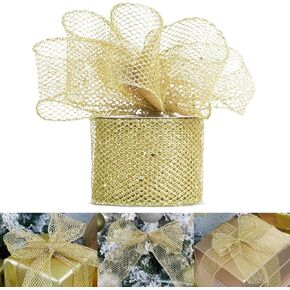 HUIHUANG Gold Glitter Wired Ribbon Web Mesh Ribbon Wired Metallic Sparkling Wire Edge Ribbon for Gift Wrapping Wreaths Making Christmas Tree Topper Bows Home Decor DIY Crafts -2.5" x 10 Yards in Saudi Arabia