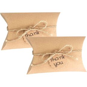 Bakbania 50 Pieces Pillow Candy Boxes Kraft Wedding Favor Boxes Candy Favor Paper Boxes with Thank You Tag and Twines for Party Decoration