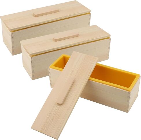 3PCS 47oz Silicone Soap Kit, Yellow Rectangular Silicone Loaf Soap Making with 3 Wooden Boxes and 3 Lids, DIY Supplies for Soap Making in Saudi Arabia