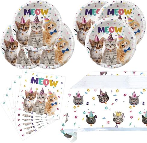 Cat Party Supplies Tableware ,Kitten Disposable Dinnerware 20 Plates , 20Napkins And Table Covers,Cat Birthday Party Decorations for Girls/Boys in Kuwait