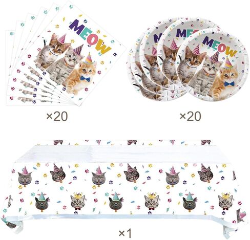 Cat Party Supplies Tableware ,Kitten Disposable Dinnerware 20 Plates , 20Napkins And Table Covers,Cat Birthday Party Decorations for Girls/Boys in Kuwait
