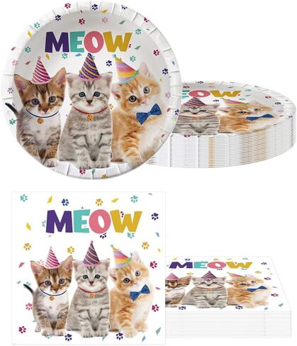 Cat Party Supplies Tableware ,Kitten Disposable Dinnerware 20 Plates , 20Napkins And Table Covers,Cat Birthday Party Decorations for Girls/Boys in Kuwait