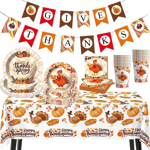 Thanksgiving Fall Party Supplies Tableware Set,Thanksgiving Disposable Dinnerware Include Plate,Cup,Napkin,Tablecloth,Banner,Thanksgiving Dinner Party Decorations Supplies(20 Guests) in Kuwait