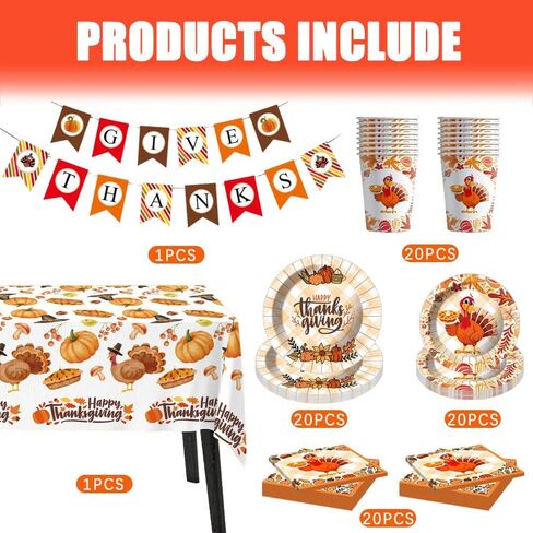 Thanksgiving Fall Party Supplies Tableware Set,Thanksgiving Disposable Dinnerware Include Plate,Cup,Napkin,Tablecloth,Banner,Thanksgiving Dinner Party Decorations Supplies(20 Guests) in Kuwait