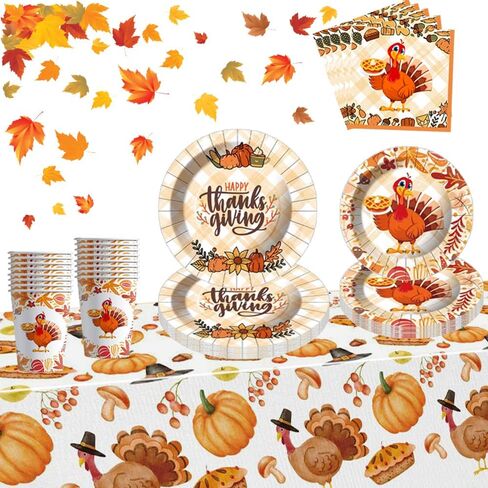 Thanksgiving Fall Party Supplies Tableware Set,Thanksgiving Disposable Dinnerware Include Plate,Cup,Napkin,Tablecloth,Banner,Thanksgiving Dinner Party Decorations Supplies(20 Guests) in Kuwait