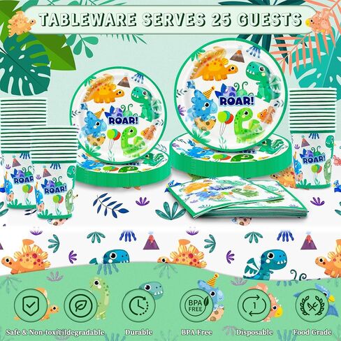 101PCS Dinosaur Party Decorations Serve 25, Dinosaur Birthday Party Supplies Include Plates, Napkins, Cups and Tablecloth, dinosaur decorations for birthday party in Kuwait
