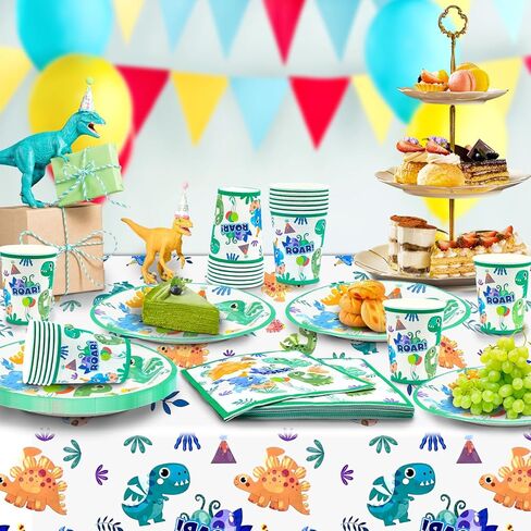 101PCS Dinosaur Party Decorations Serve 25, Dinosaur Birthday Party Supplies Include Plates, Napkins, Cups and Tablecloth, dinosaur decorations for birthday party in Kuwait