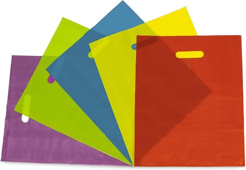 أكياس البضائع - 100 عبوة 100 كيس من البلاستيك مقاس 12 × 15 بوصة بحجم 1.25 مل للأعمال الصغيرة، وحقائب تسوق للبيع بالتجزئة متعددة الألوان مع مقابض بكميات كبيرة للبوتيكات والمتاجر وحفلات أعياد ميلاد الأطفال والهدايا والأشياء الجيدة، شكرًا لك in Kuwait