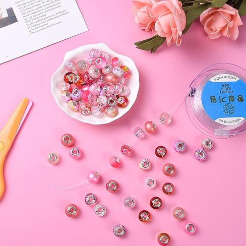 100 قطعة من الخرز الحرفي الأوروبي المتنوع ذو الفتحة الكبيرة والكريستال خرز فاصل ملون وخرز فضي عتيق وخرز أوروبي من حجر الراين لصنع المجوهرات وقلادة DIY (سيام) in Kuwait