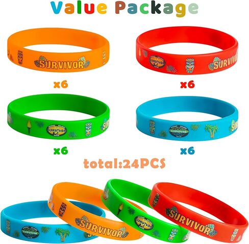 Unbess 24Pcs Survivor TV Show Party Favor Bracelets Colored Rubber Silicone Stretch Wristbands Bracelet Survivor Themed Birthday Gift Party Supplies Favors Decorations for Kids Teens Adult Celebration in Kuwait