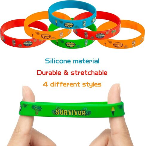 Unbess 24Pcs Survivor TV Show Party Favor Bracelets Colored Rubber Silicone Stretch Wristbands Bracelet Survivor Themed Birthday Gift Party Supplies Favors Decorations for Kids Teens Adult Celebration in Kuwait
