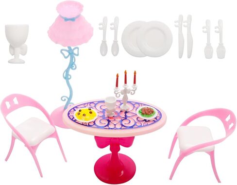 مجموعة نموذج كرسي طاولة طعام مصغر بلون بينك مقاس 1:6، كرسي طاولة طعام بلاستيكي صغير مع ادوات مائدة مصغرة لاكسسوارات اثاث المنزل الصغير in Kuwait