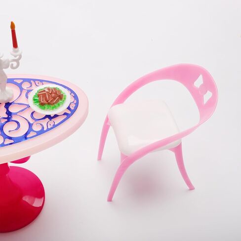 مجموعة نموذج كرسي طاولة طعام مصغر بلون بينك مقاس 1:6، كرسي طاولة طعام بلاستيكي صغير مع ادوات مائدة مصغرة لاكسسوارات اثاث المنزل الصغير in Kuwait