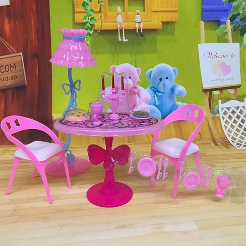 مجموعة نموذج كرسي طاولة طعام مصغر بلون بينك مقاس 1:6، كرسي طاولة طعام بلاستيكي صغير مع ادوات مائدة مصغرة لاكسسوارات اثاث المنزل الصغير in Kuwait
