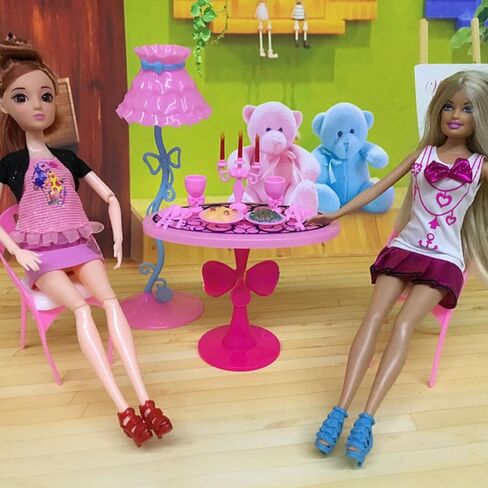 مجموعة نموذج كرسي طاولة طعام مصغر بلون بينك مقاس 1:6، كرسي طاولة طعام بلاستيكي صغير مع ادوات مائدة مصغرة لاكسسوارات اثاث المنزل الصغير in Kuwait