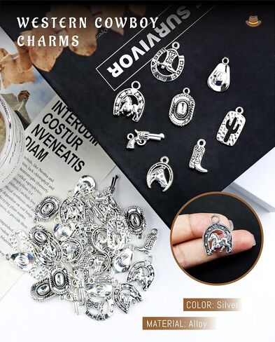 YETOOME 48 Pieces Western Cowboy Charms for Jewelry Making, Western Horse Boot Charms Antique Silver Alloy Pendants Charms for Bracelet Earrings Necklace Jewelry Making (8 Styles) in Saudi Arabia
