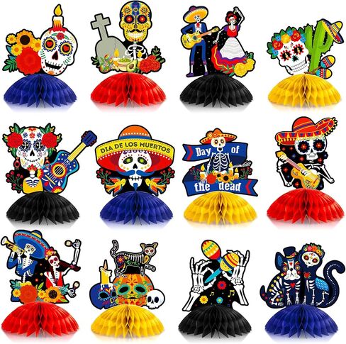12 Pieces Day of the Dead Honeycomb Table Centerpieces Halloween Honeycomb Centerpieces Dia De Muertos Sugar Skull Table Centerpieces for Halloween Mexican Day of the Dead Party Decoration Supplies in Saudi Arabia