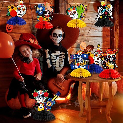 12 Pieces Day of the Dead Honeycomb Table Centerpieces Halloween Honeycomb Centerpieces Dia De Muertos Sugar Skull Table Centerpieces for Halloween Mexican Day of the Dead Party Decoration Supplies in Saudi Arabia