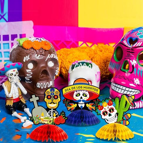 12 Pieces Day of the Dead Honeycomb Table Centerpieces Halloween Honeycomb Centerpieces Dia De Muertos Sugar Skull Table Centerpieces for Halloween Mexican Day of the Dead Party Decoration Supplies in Saudi Arabia
